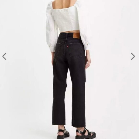 Levi’s Premium Ribcage Straight Ankle Jeans Black Distressed Size 24 High Rise - Picture 3 of 9